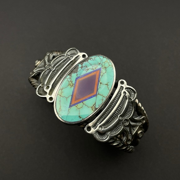 Vintage Navajo Ray Tracey & Knifewing Segura Sterling Silver Inlay Cuff Bracelet - Picture 6 of 16